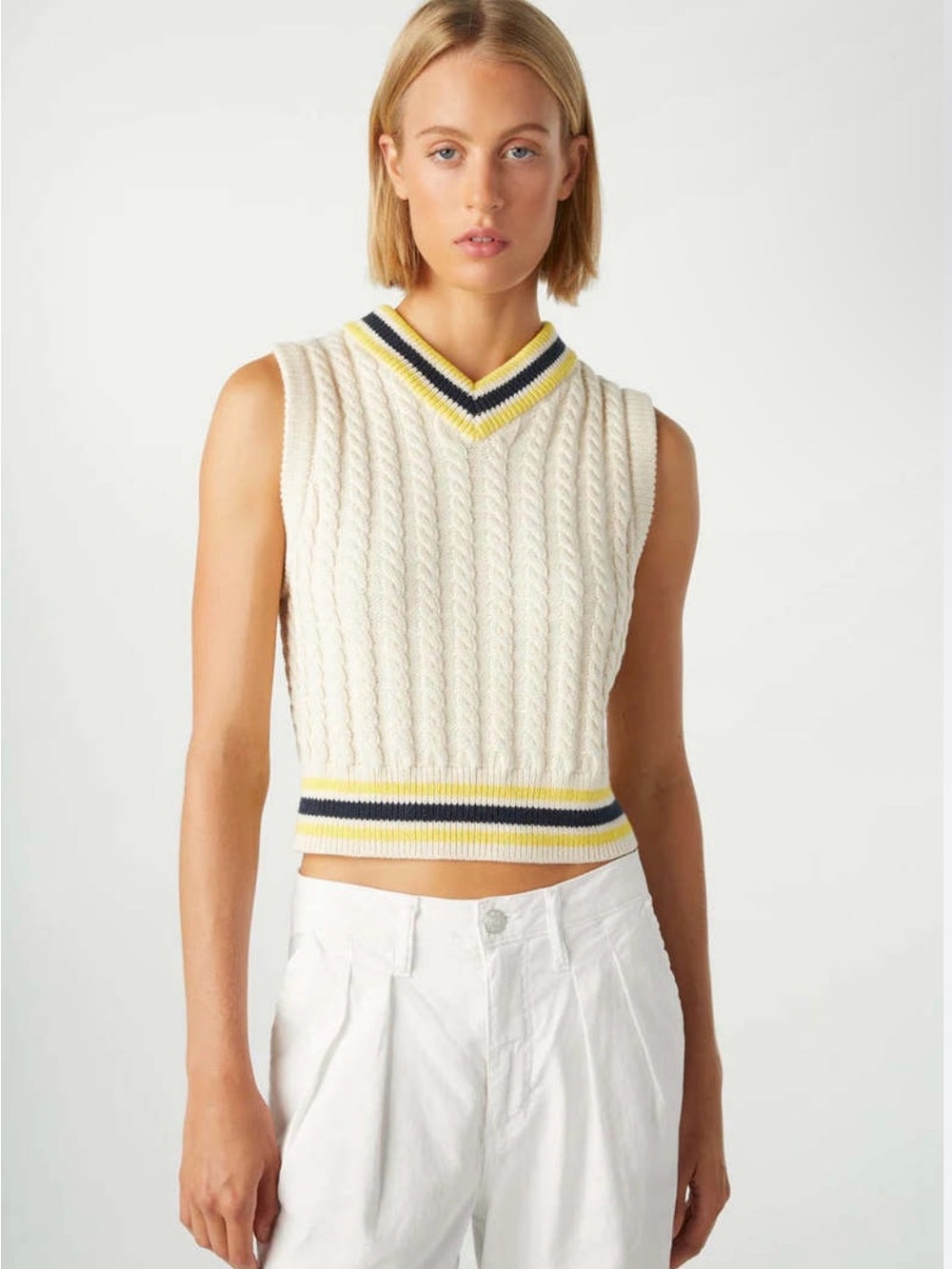 AMO Selma Cream Cable Knit V-Neck Sweater Vest with Yellow & Navy Stripes